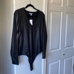 Bar III - Black Coated V-Neck Long Sleeve Basic Timeless Bodysuit